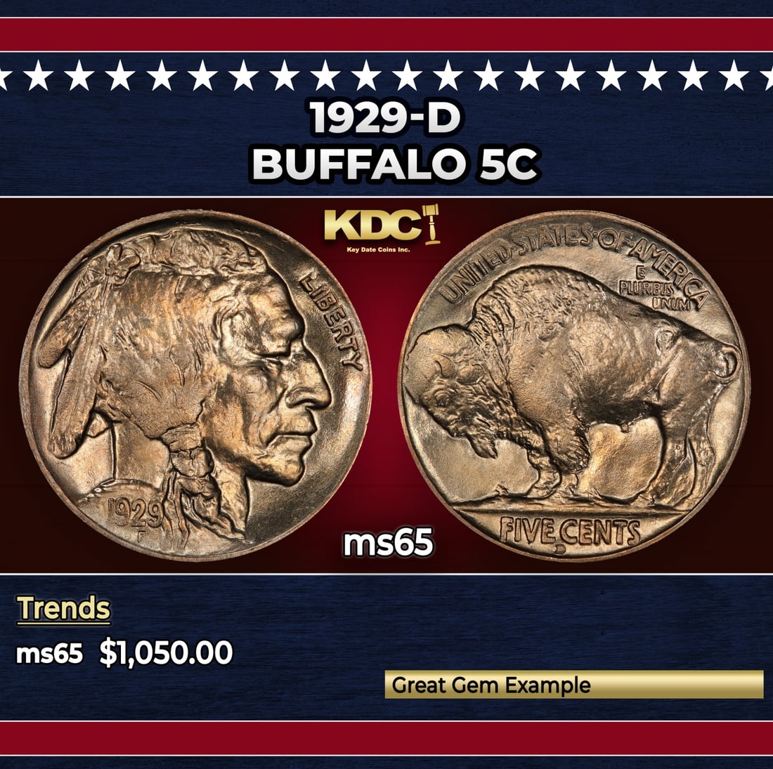 1929-d Buffalo Nickel 5c ms65 SEGS: 1929-d Buffalo Nickel 5c ms65 SEGS. Historic precious metal trends is causing increased spot pricing by the day. On auctions with set openings, we are doing our best to have items priced at their mark