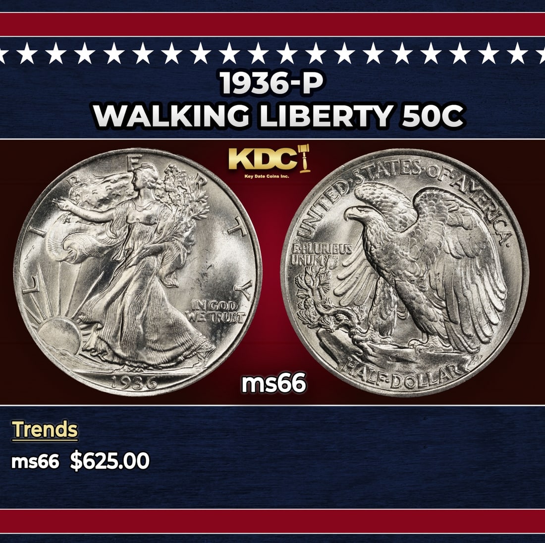 1936-p Walking Liberty Half Dollar 50c Grades ms66: 1936-p Walking Liberty Half Dollar 50c Grades ms66. Historic precious metal trends is causing increased spot pricing by the day. On auctions with set openings, we are doing our best to have items pric