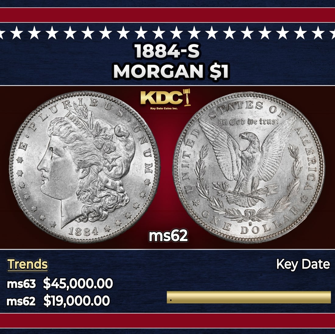 1884-s Morgan Dollar $1 ms62 USCG: 1884-s Morgan Dollar $1 ms62 USCG. Historic precious metal trends is causing increased spot pricing by the day. On auctions with set openings, we are doing our best to have items priced at their marke