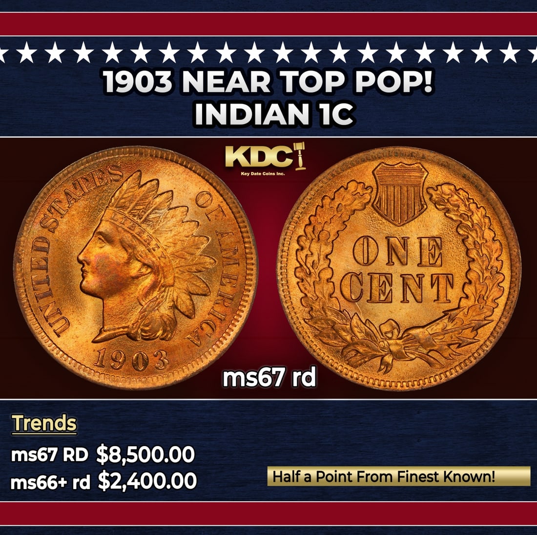 1903 Indian Cent Near Top Pop! 1c ms67 rd SEGS: 1903 Near Top Pop! Indian Cent 1c ms67 rd SEGS. Historic precious metal trends is causing increased spot pricing by the day. On auctions with set openings, we are doing our best to have items priced a