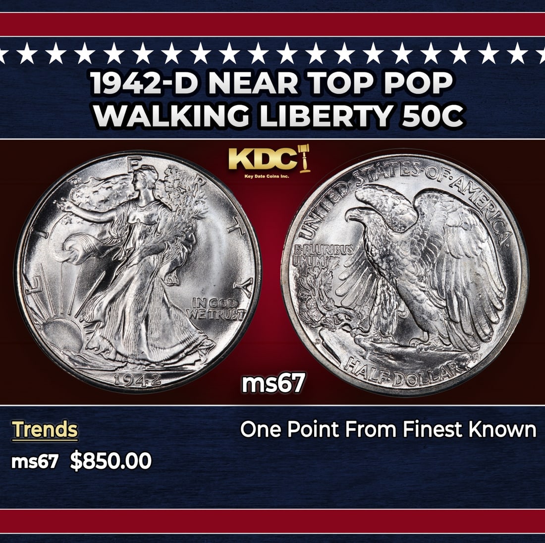 1942-d Walking Liberty Half Dollar Near Top Pop 50c ms67 SEGS: 1942-d Near Top Pop Walking Liberty Half Dollar 50c ms67 SEGS. Historic precious metal trends is causing increased spot pricing by the day. On auctions with set openings, we are doing our best to have