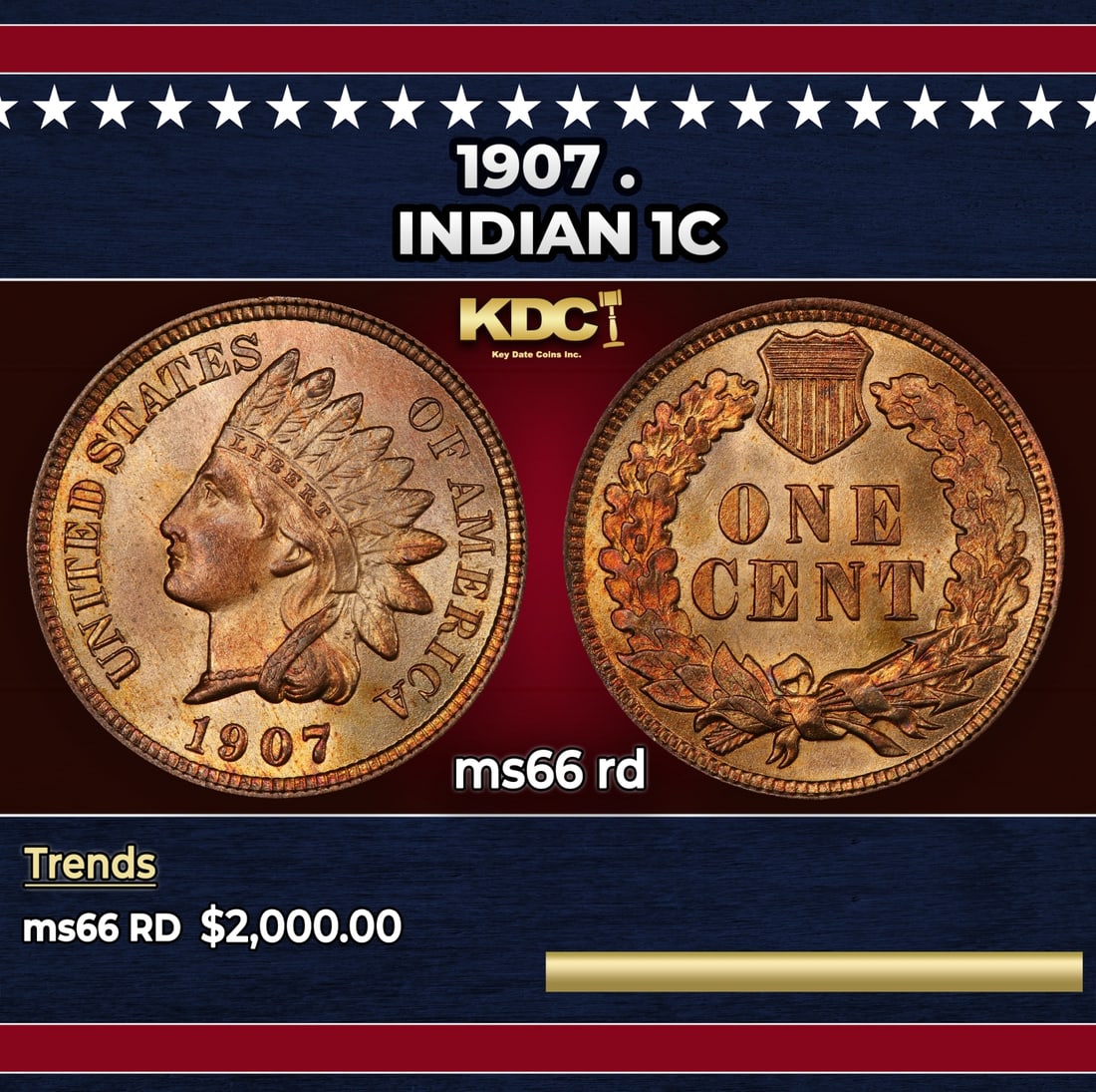 1907 Indian Cent . 1c ms66 rd SEGS: 1907 . Indian Cent 1c ms66 rd SEGS. Historic precious metal trends is causing increased spot pricing by the day. On auctions with set openings, we are doing our best to have items priced at their mark