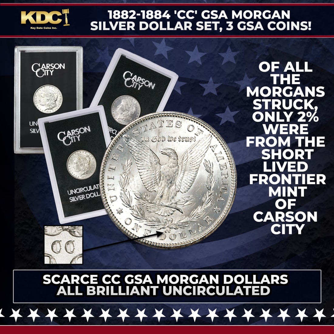 1882-1884 'CC' GSA Morgan Silver Dollar Set, 3 GSA Coins!: 1882-1884 'CC' GSA Morgan Silver Dollar Set, 3 GSA Coins!. Now you can own a 3-coin set of scarce "CC" Morgan dollars still sealed in original government holders. Of all the Morgans struck, only 2% we