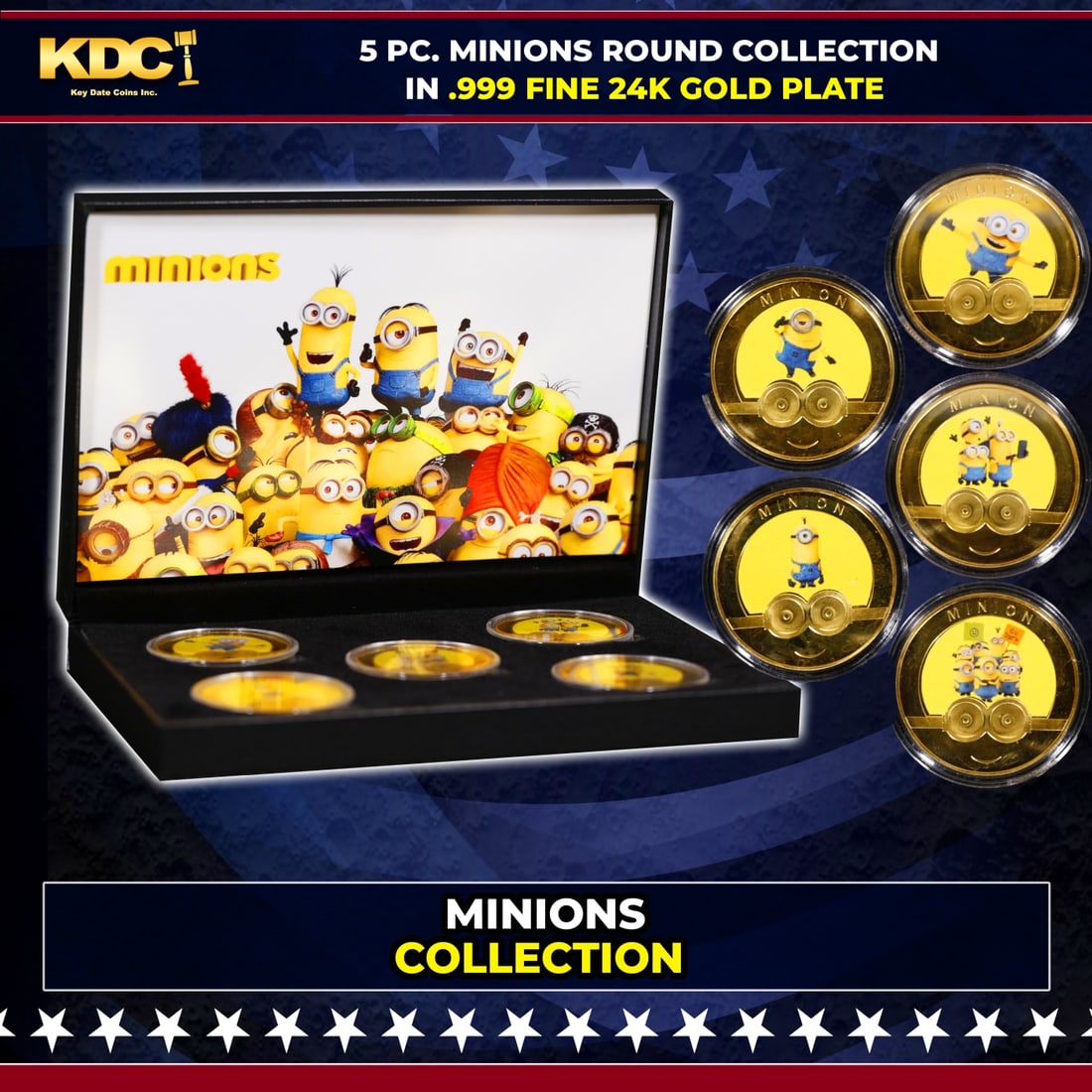 5 PC. Minions Gold Plated Round Collection In Custom Box W/ Special Backer card: 5 PC. Minions Gold Plated Round Collection In Custom Box W/ Special Backer card. Please Note All Backer Cards may have slight differences but will be very similar if not identical to the one in the ph