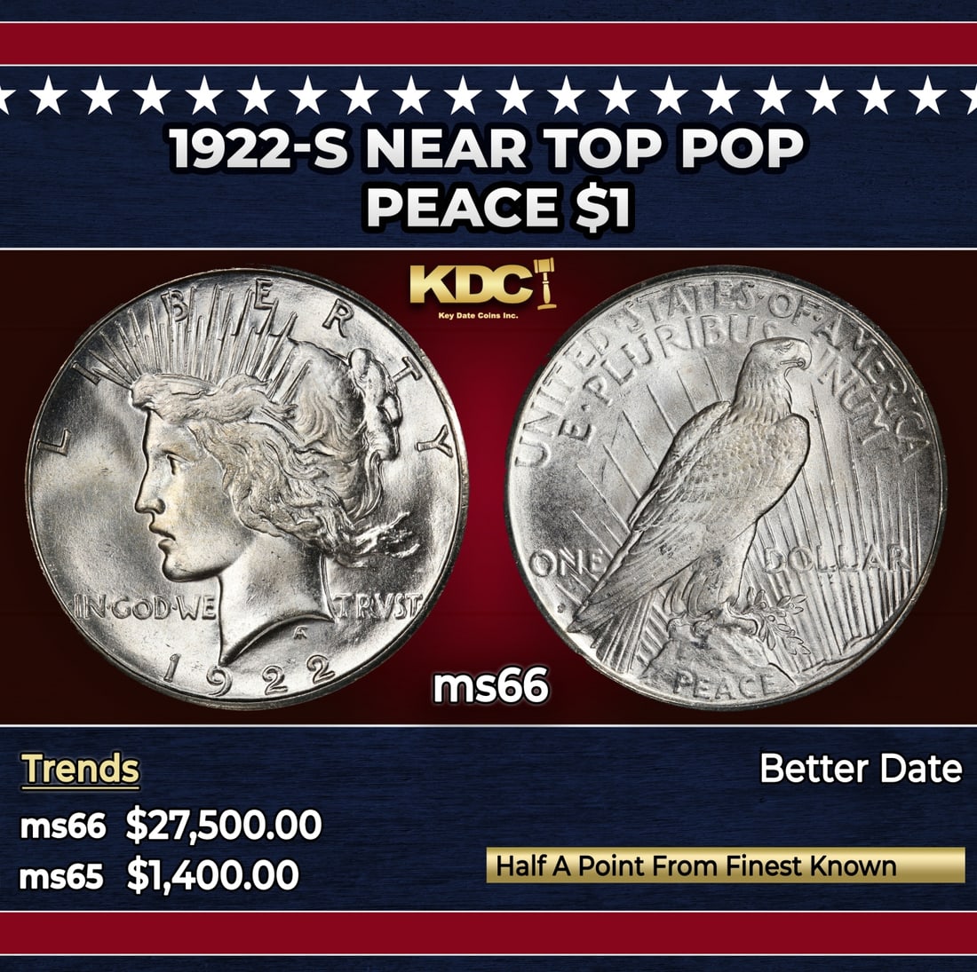 1922-s Peace Dollar Near Top Pop $1 ms66 SEGS: 1922-s Near Top Pop Peace Dollar $1 ms66 SEGS. Historic precious metal trends is causing increased spot pricing by the day. On auctions with set openings, we are doing our best to have items priced at