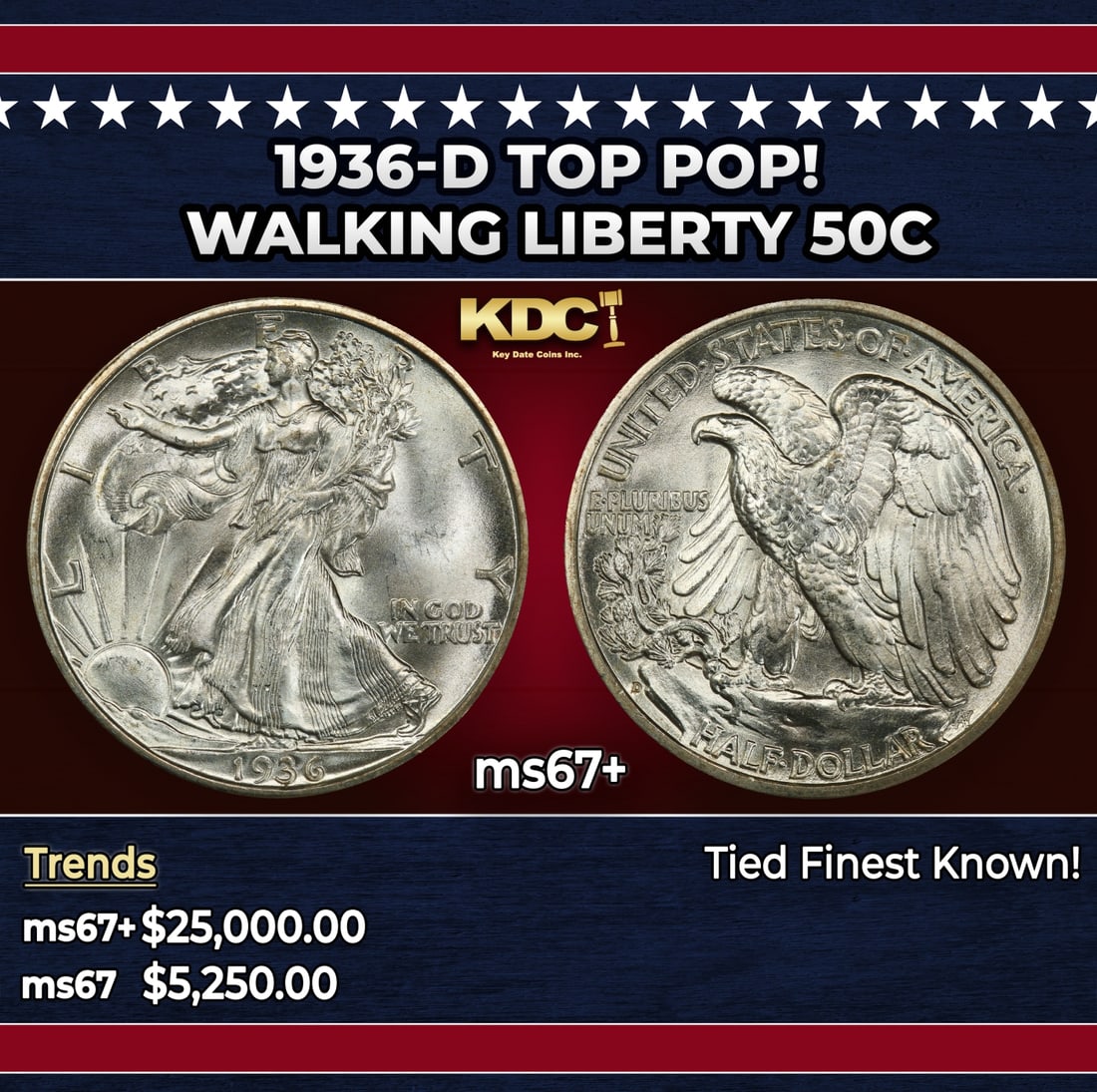 1936-d Walking Liberty Half Dollar TOP POP! 50c ms67+ SEGS: 1936-d TOP POP! Walking Liberty Half Dollar 50c ms67+ SEGS. Historic precious metal trends is causing increased spot pricing by the day. On auctions with set openings, we are doing our best to have it