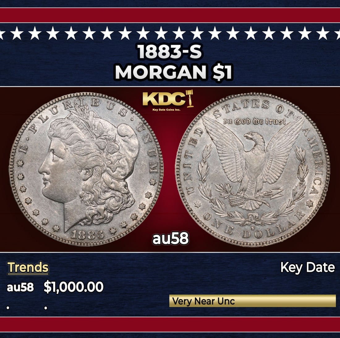 1883-s Morgan Dollar $1 au58 SEGS: 1883-s Morgan Dollar $1 au58 SEGS. Historic precious metal trends is causing increased spot pricing by the day. On auctions with set openings, we are doing our best to have items priced at their marke
