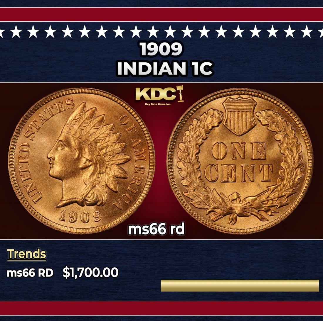 1909 Indian Cent 1c ms66 rd SEGS: 1909 Indian Cent 1c ms66 rd SEGS. Historic precious metal trends is causing increased spot pricing by the day. On auctions with set openings, we are doing our best to have items priced at their market