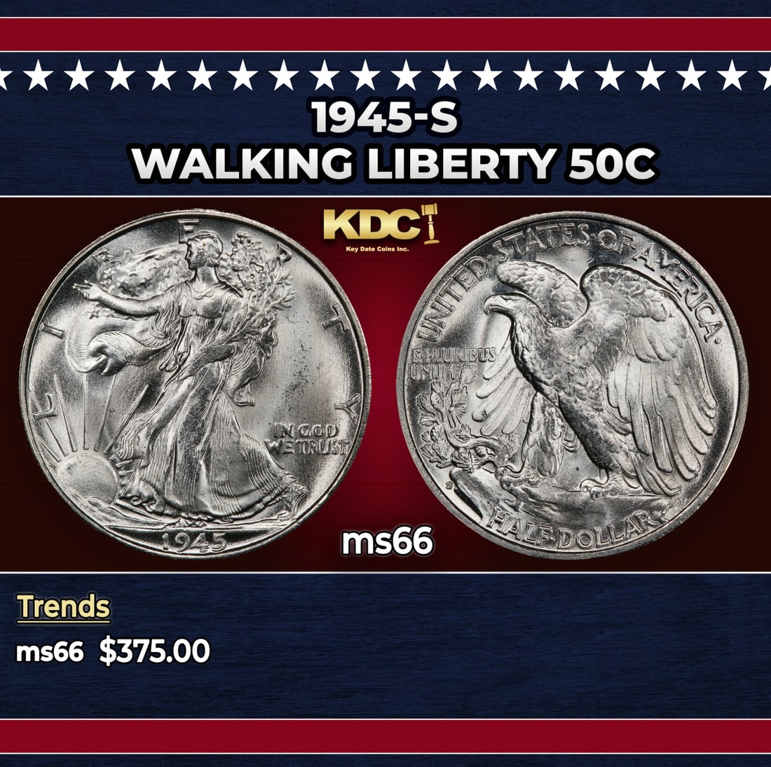 1945-s Walking Liberty Half Dollar 50c Grades ms66: 1945-s Walking Liberty Half Dollar 50c Grades ms66. Historic precious metal trends is causing increased spot pricing by the day. On auctions with set openings, we are doing our best to have items pric