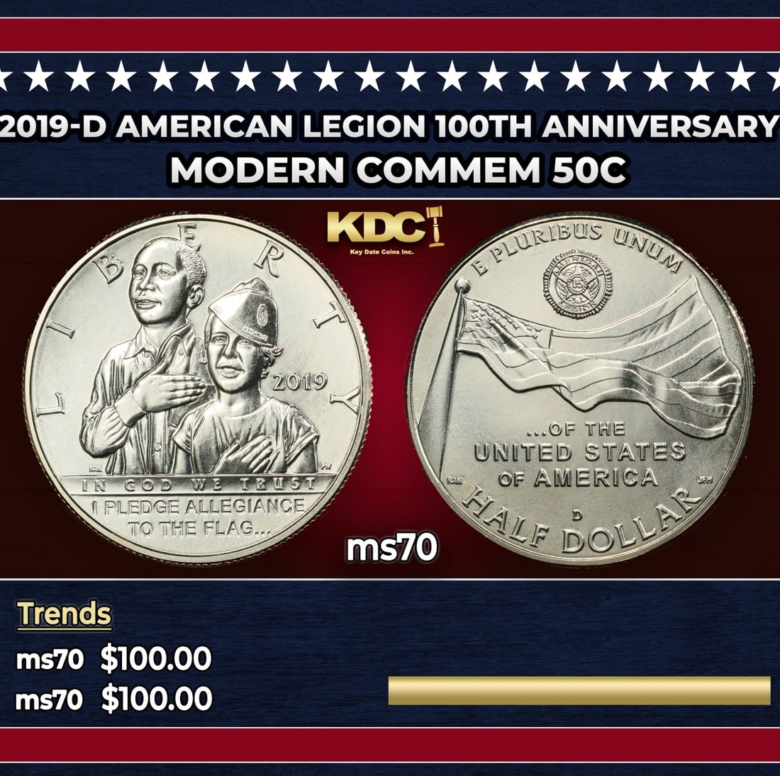 2019-d American Legion Modern Commem Half Dollar 100th Anniversary 50c ms70 SEGS: 2019-d American Legion 100th Anniversary Modern Commem Half Dollar 50c ms70 SEGS. Historic precious metal trends is causing increased spot pricing by the day. On auctions with set openings, we are doi