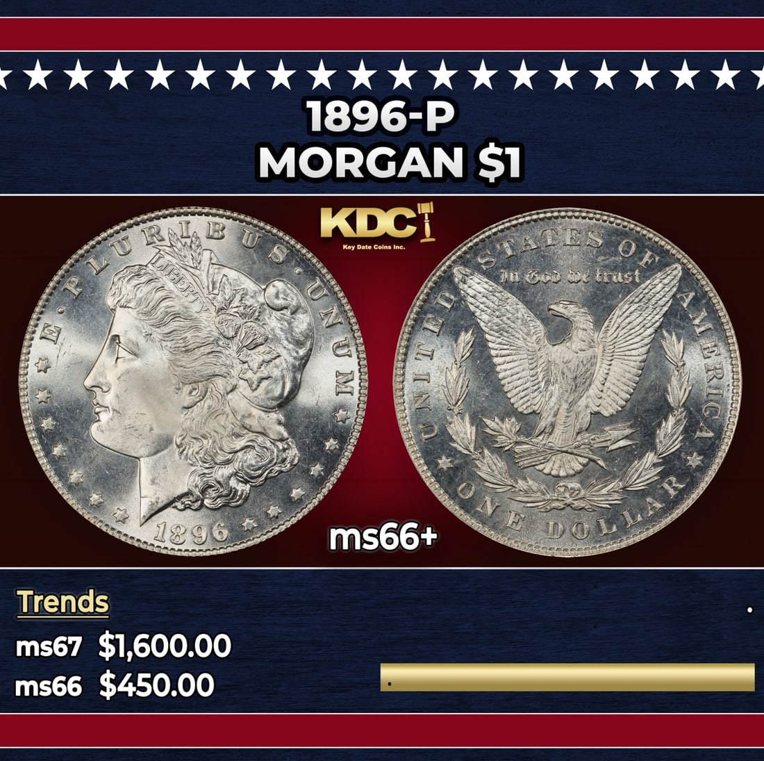 1896-p Morgan Dollar $1 ms66+ SEGS: 1896-p Morgan Dollar $1 ms66+ SEGS. Historic precious metal trends is causing increased spot pricing by the day. On auctions with set openings, we are doing our best to have items priced at their mark