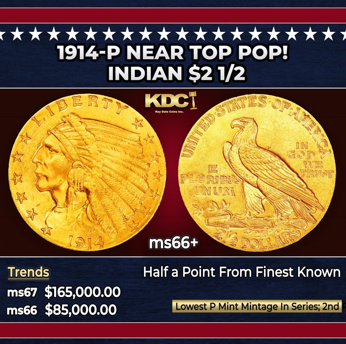 1914-p Gold Indian Quarter Eagle Near Top Pop! $2 1/2 ms66+ USCG: 1914-p Near Top Pop! Gold Indian Quarter Eagle $2 1/2 ms66+ USCG. The 1914 Indian quarter eagle boasts the lowest mintage of any Philadelphia issue of the series, at a mere 240,000 pieces. The 1914 is