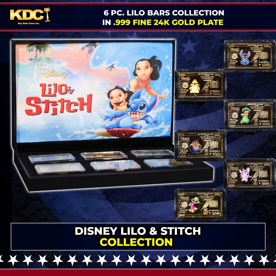 6 PC. Disney Lilo & Stitch Gold Plated Art Bar Collection In Custom Box W/ Special Backer card: 6 PC. Disney Lilo & Stitch Gold Plated Art Bar Collection In Custom Box W/ Special Backer card. Please Note All Backer Cards may have slight differences but will be very similar if not identical to th
