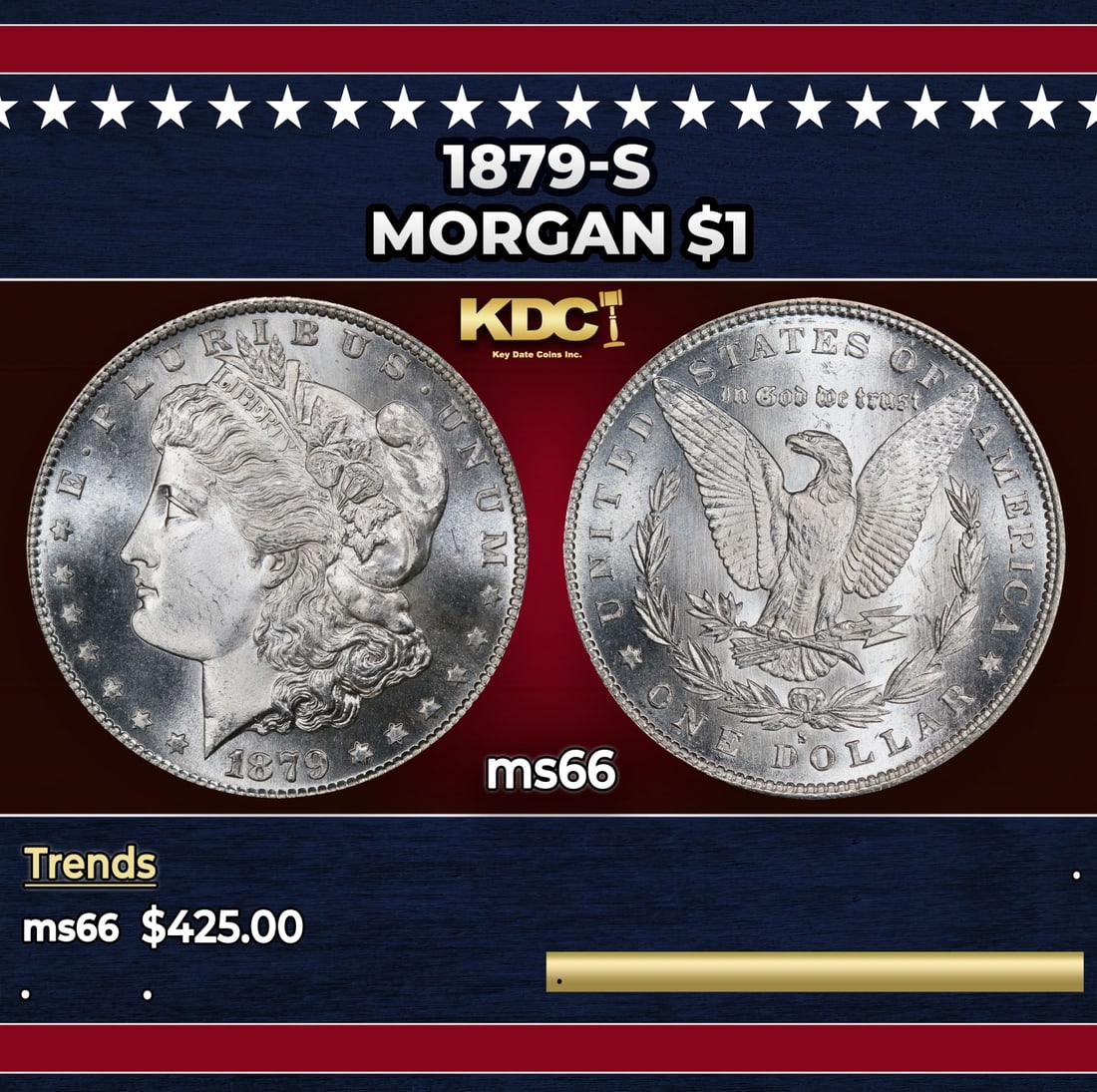 1879-s Morgan Dollar $1 Grades ms66: 1879-s Morgan Dollar $1 Grades ms66. Historic precious metal trends is causing increased spot pricing by the day. On auctions with set openings, we are doing our best to have items priced at their mar