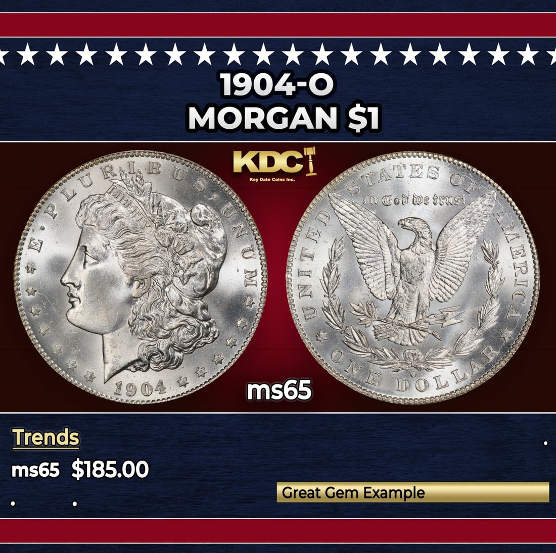 1904-o Morgan Dollar $1 Grades ms65: 1904-o Morgan Dollar $1 Grades ms65. Historic precious metal trends is causing increased spot pricing by the day. On auctions with set openings, we are doing our best to have items priced at their mar