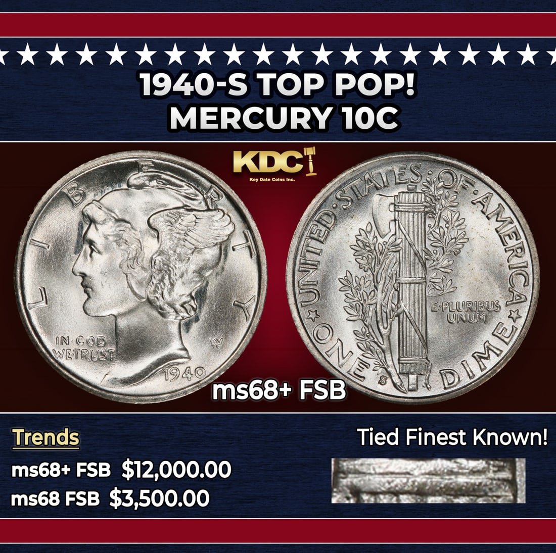 1940-s Mercury Dime TOP POP! 10c ms68+ FSB SEGS: 1940-s TOP POP! Mercury Dime 10c ms68+ FSB SEGS. Historic precious metal trends is causing increased spot pricing by the day. On auctions with set openings, we are doing our best to have items priced