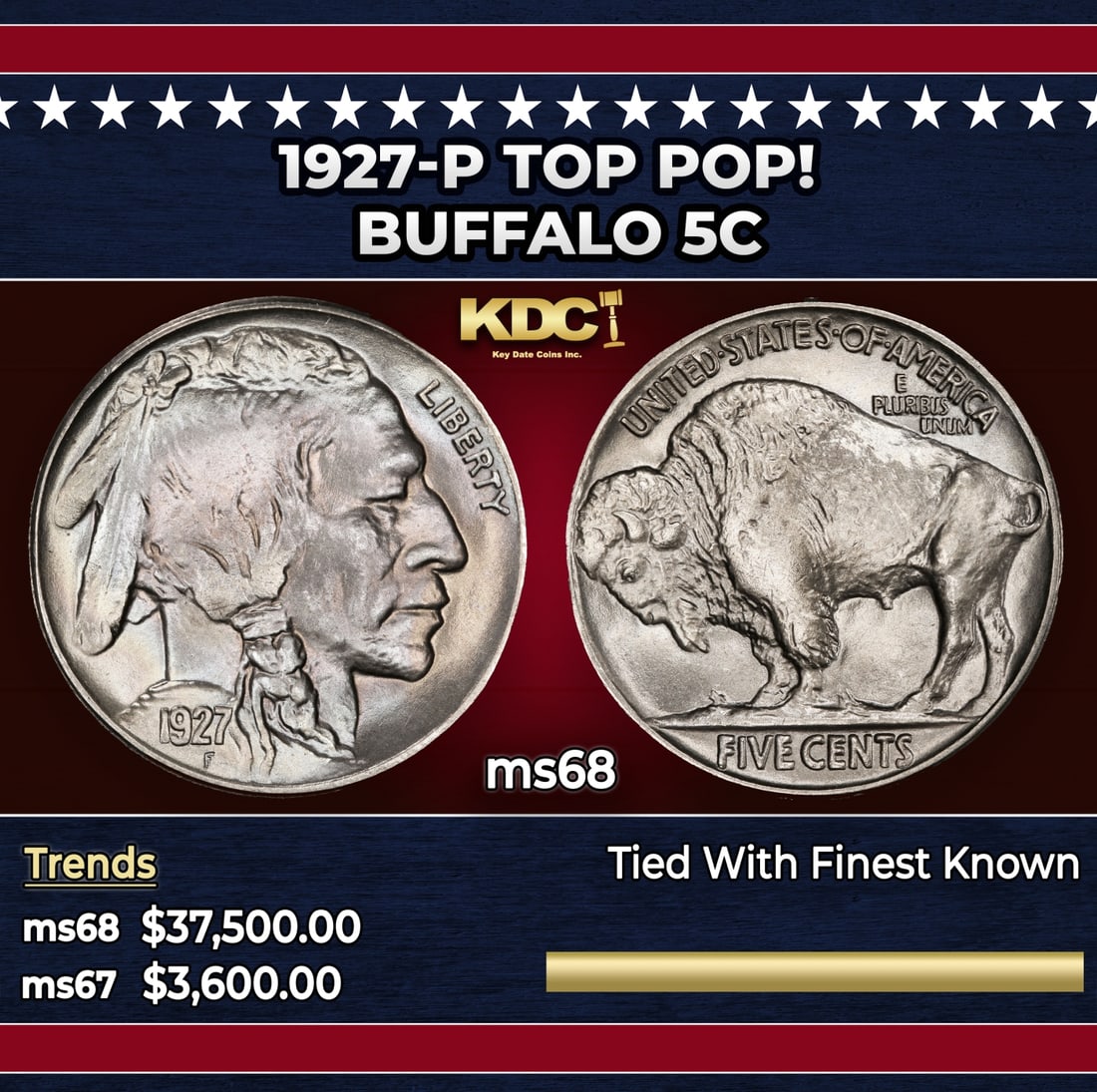1927-p Buffalo Nickel TOP POP! 5c ms68 SEGS: 1927-p TOP POP! Buffalo Nickel 5c ms68 SEGS. Historic precious metal trends is causing increased spot pricing by the day. On auctions with set openings, we are doing our best to have items priced at t