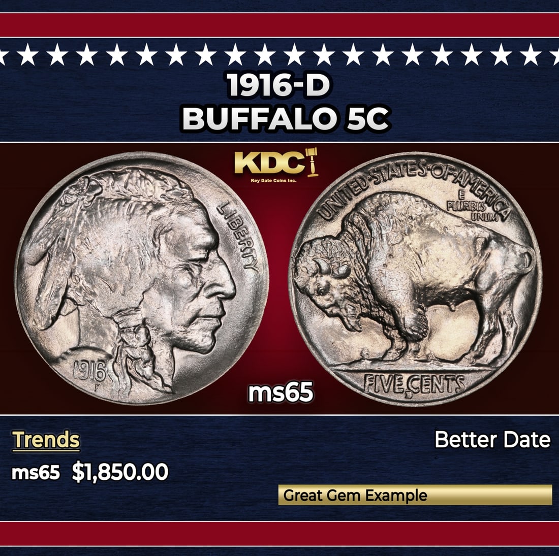 1916-d Buffalo Nickel 5c ms65 SEGS: 1916-d Buffalo Nickel 5c ms65 SEGS. Historic precious metal trends is causing increased spot pricing by the day. On auctions with set openings, we are doing our best to have items priced at their mark