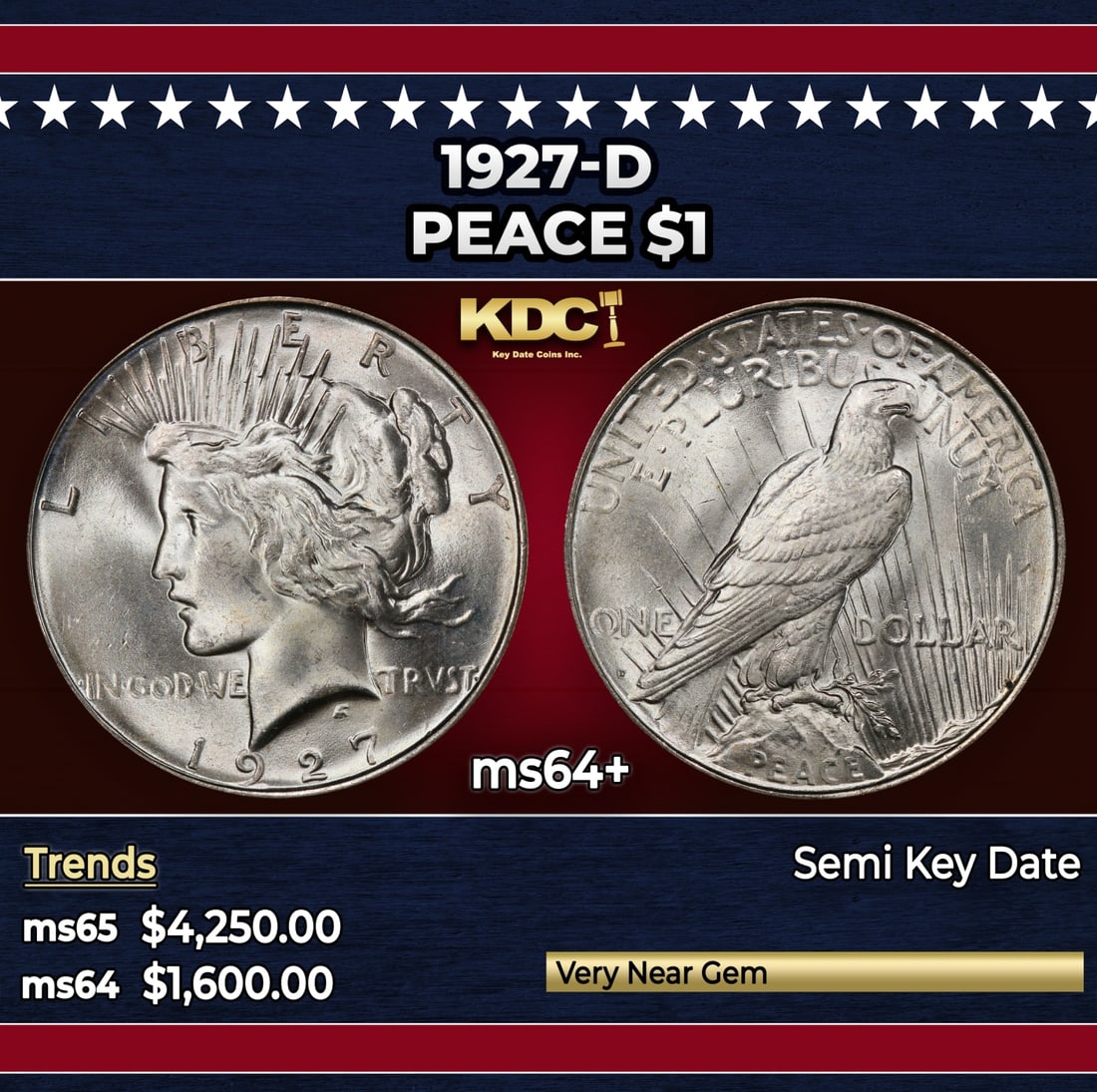 1927-d Peace Dollar $1 ms64+ SEGS: 1927-d Peace Dollar $1 ms64+ SEGS. Historic precious metal trends is causing increased spot pricing by the day. On auctions with set openings, we are doing our best to have items priced at their marke