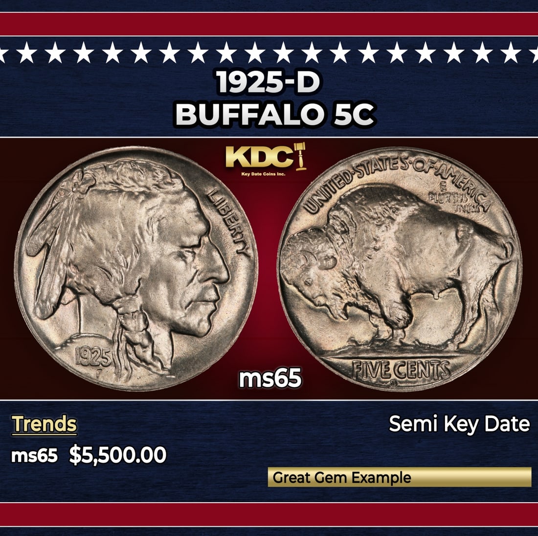 1925-d Buffalo Nickel 5c ms65 SEGS: 1925-d Buffalo Nickel 5c ms65 SEGS. Historic precious metal trends is causing increased spot pricing by the day. On auctions with set openings, we are doing our best to have items priced at their mark