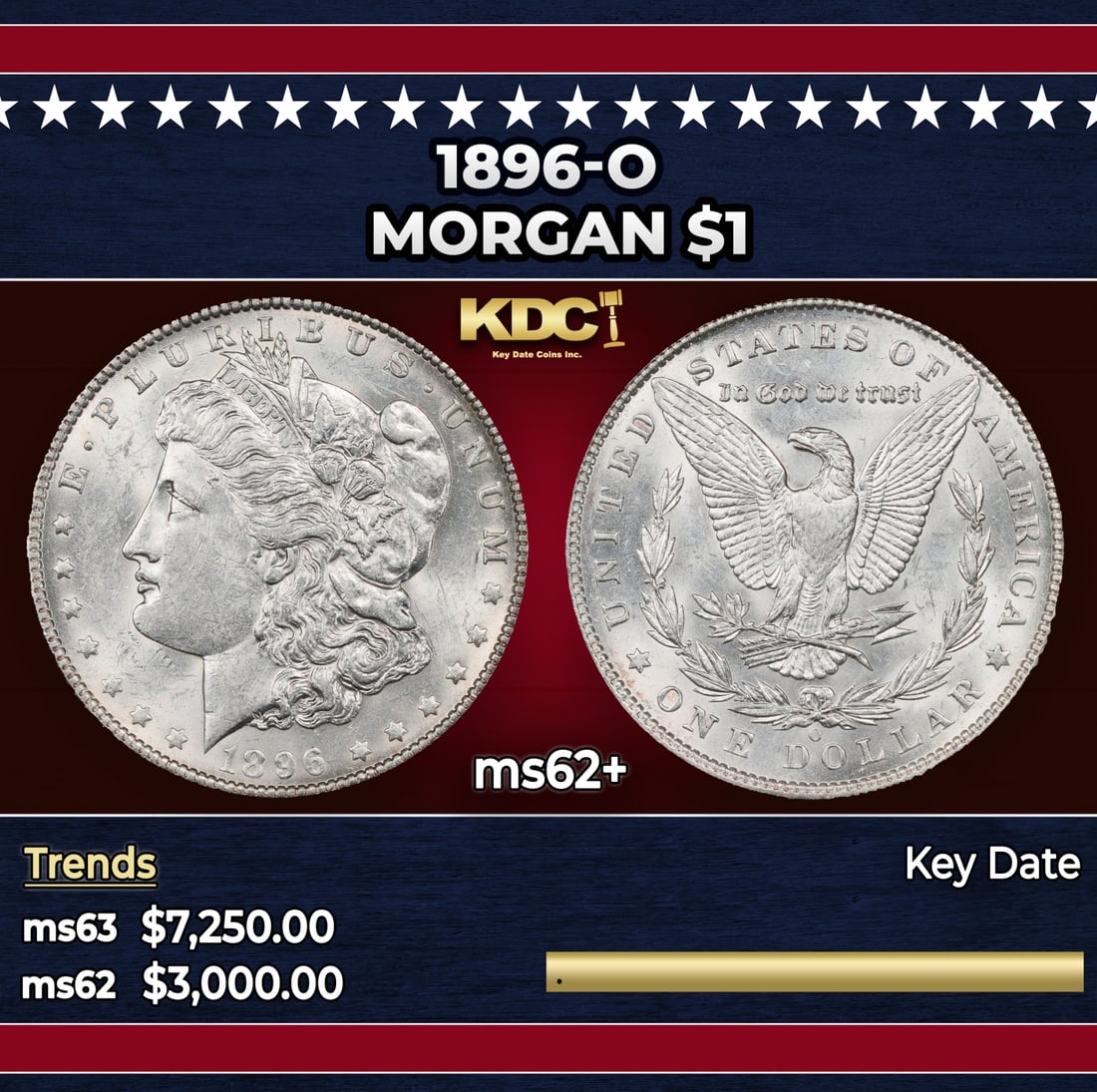 1896-o Morgan Dollar $1 ms62+ USCG: 1896-o Morgan Dollar $1 ms62+ USCG. Historic precious metal trends is causing increased spot pricing by the day. On auctions with set openings, we are doing our best to have items priced at their mark