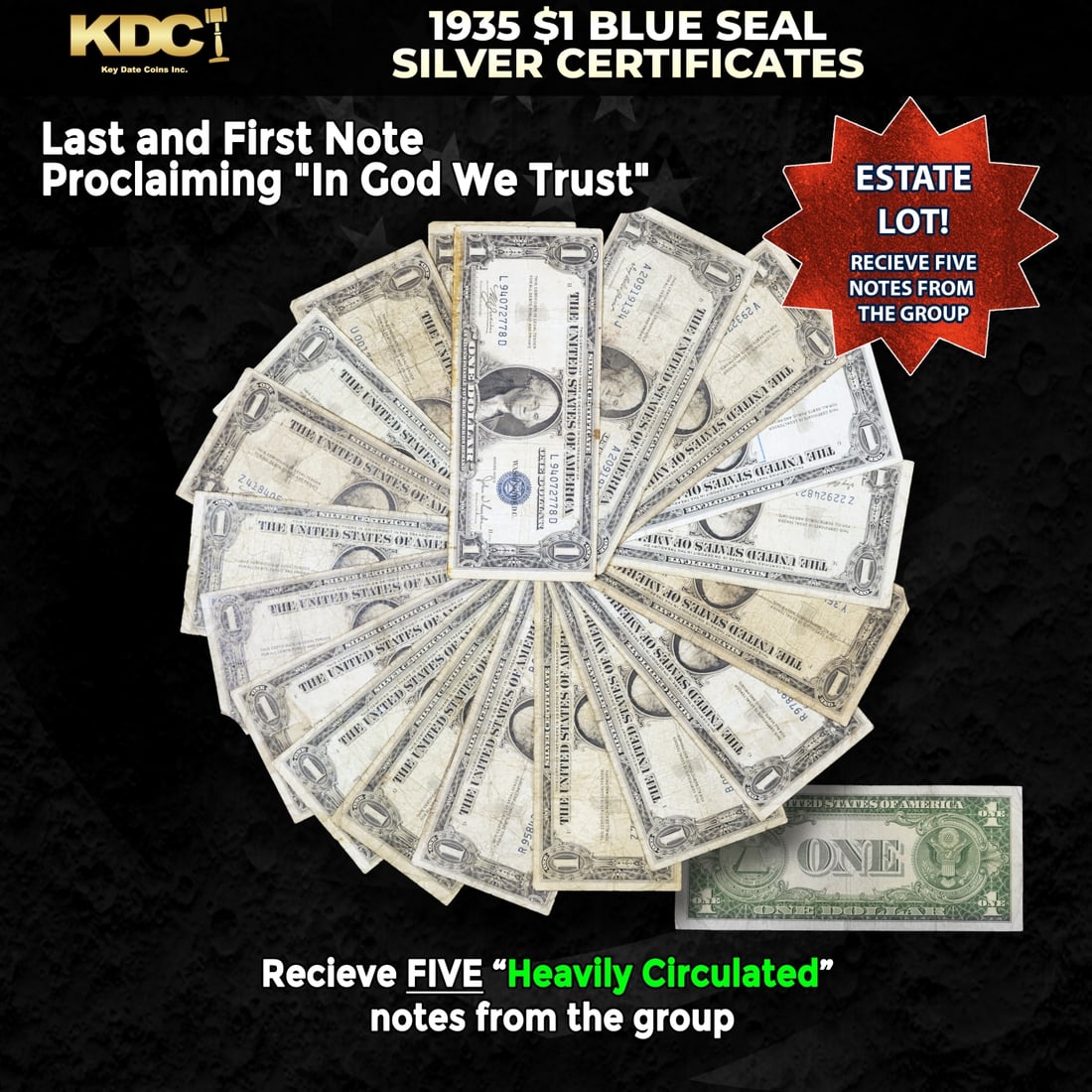 5x 1935 $1 Blue Seal Silver Certificates Heavily Circulated: 5x 1935 $1 Blue Seal Silver Certificates Heavily Circulated. Silver Certificates were redeemable in Silver. One of their most distinctive qualities is the blue Treasury seal and serial numbers. These