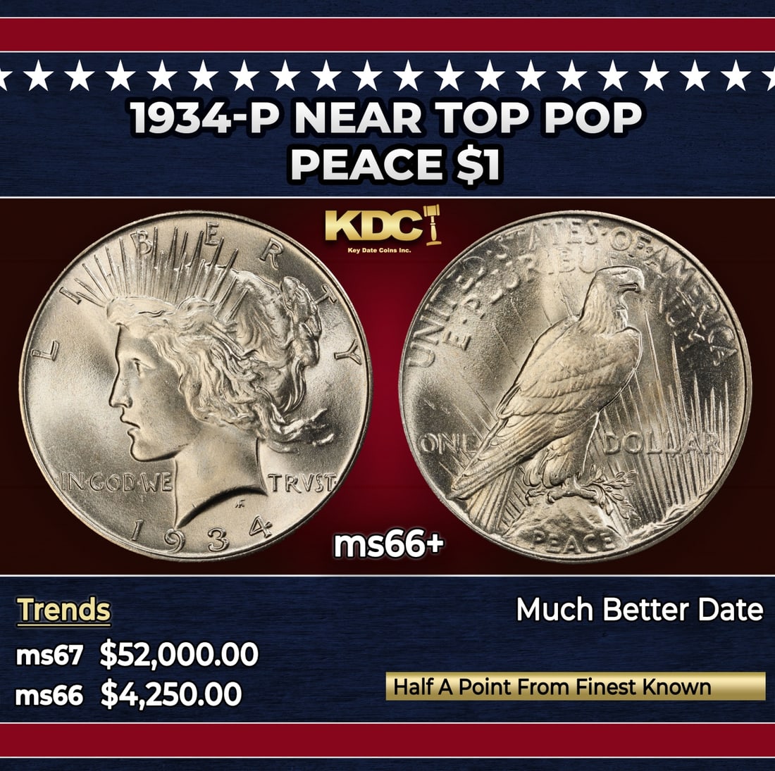 1934-p Peace Dollar Near Top Pop $1 ms66+ SEGS: 1934-p Near Top Pop Peace Dollar $1 ms66+ SEGS. Historic precious metal trends is causing increased spot pricing by the day. On auctions with set openings, we are doing our best to have items priced a