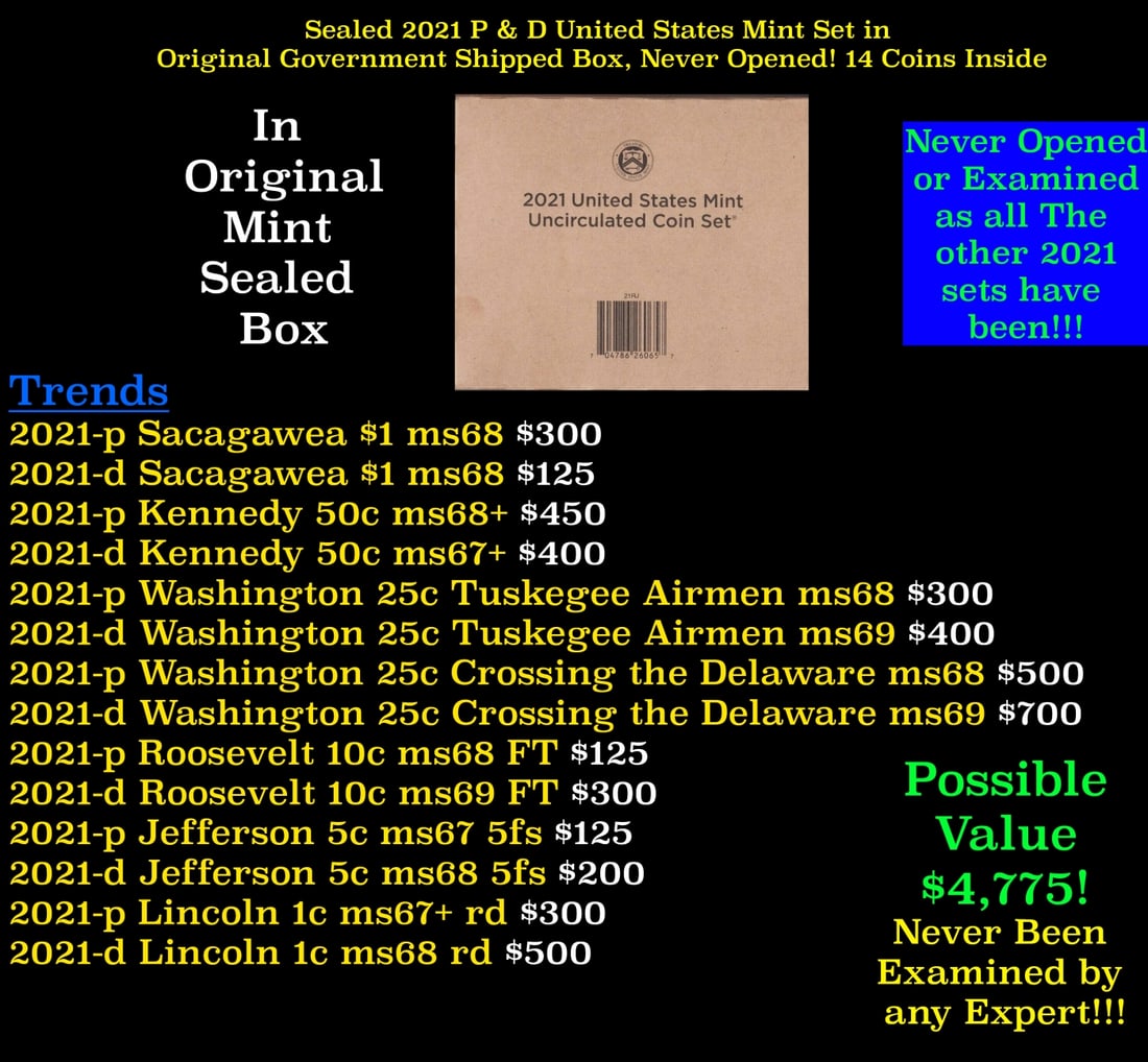 Sealed 2021 United States Mint Set in Original Government Shipped Box, Never Opened! 14 Coins: Sealed 2021 United States Mint Set in Original Government Shipped Box, Never Opened! 14 Coins Inside!. The 2021 United States Mint Uncirculated Set includes two folders, each containing 7 coins with u