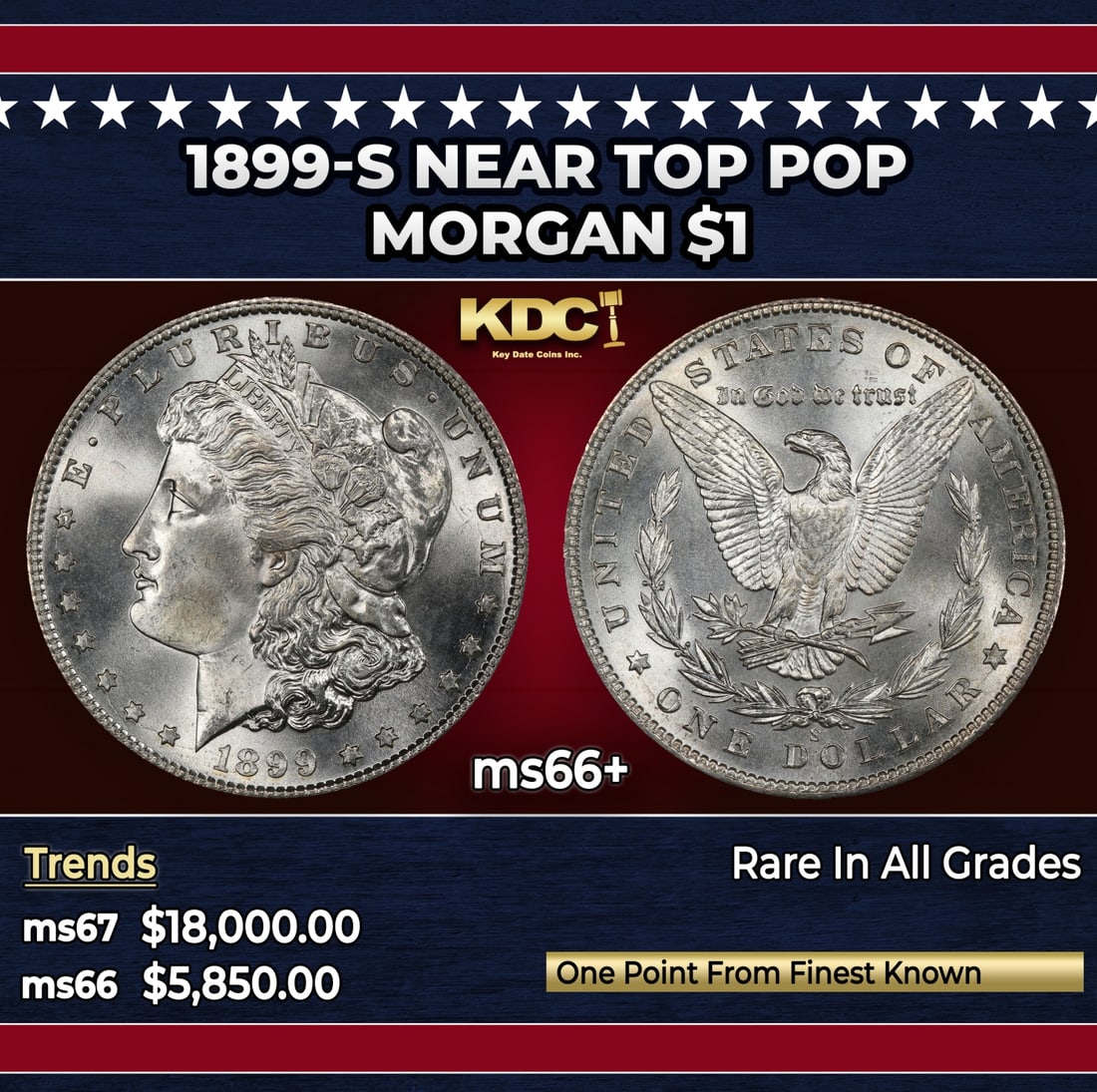1899-s Morgan Dollar Near Top Pop $1 ms66+ SEGS: 1899-s Near Top Pop Morgan Dollar $1 ms66+ SEGS. Historic precious metal trends is causing increased spot pricing by the day. On auctions with set openings, we are doing our best to have items priced