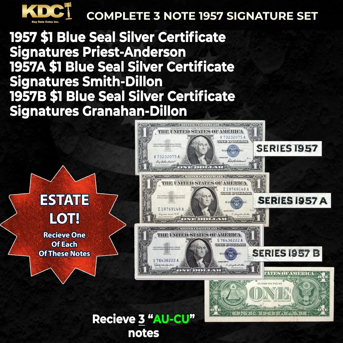 Complete 1957 $1 Blue Seal Silver Certificate Signature Set 1957, 1957A, 1957B, 3 Notes, Grades: Complete 1957 $1 Blue Seal Silver Certificate Signature Set 1957, 1957A, 1957B, 3 Notes, Grades AU/CU. Historic precious metal trends is causing increased spot pricing by the day. On auctions with set