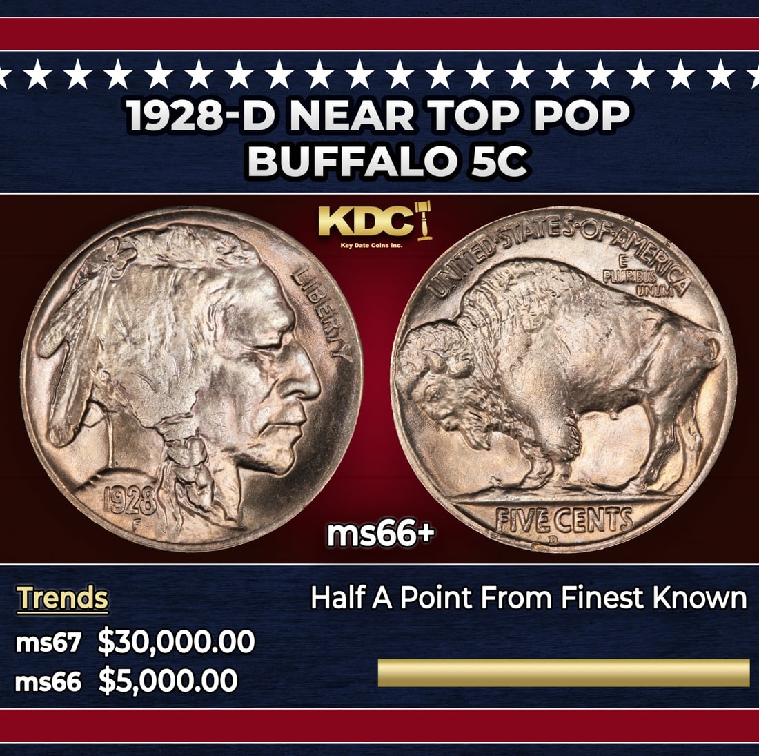 1928-d Buffalo Nickel Near Top Pop 5c ms66+ SEGS: 1928-d Near Top Pop Buffalo Nickel 5c ms66+ SEGS. Historic precious metal trends is causing increased spot pricing by the day. On auctions with set openings, we are doing our best to have items priced