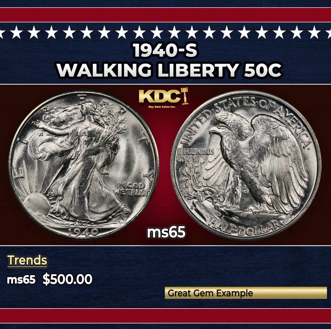 1940-s Walking Liberty Half Dollar 50c Grades ms65: 1940-s Walking Liberty Half Dollar 50c Grades ms65. Historic precious metal trends is causing increased spot pricing by the day. On auctions with set openings, we are doing our best to have items pric