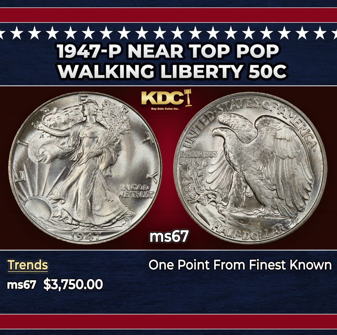 1947-p Walking Liberty Half Dollar Near Top Pop 50c ms67 SEGS: 1947-p Near Top Pop Walking Liberty Half Dollar 50c ms67 SEGS. Historic precious metal trends is causing increased spot pricing by the day. On auctions with set openings, we are doing our best to have