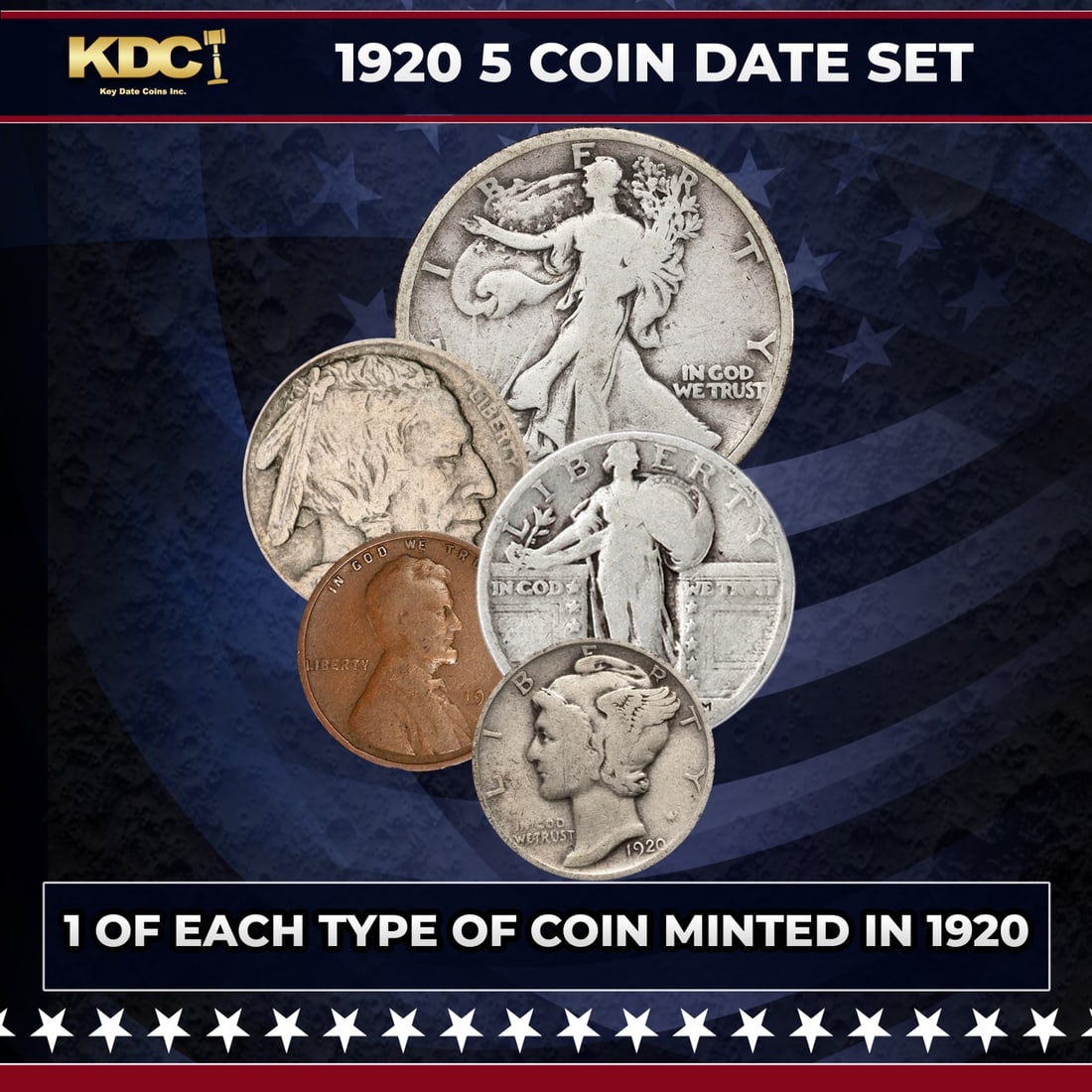 1920 5 Coin Date Set, 1 Of Each Type Of Coin Minted in 1920: 1920 5 Coin Date Set, 1 Of Each Type Of Coin Minted in 1920. Please Note All Backer Cards may have slight differences but will be very similar if not identical to the one in the photoHistoric precious