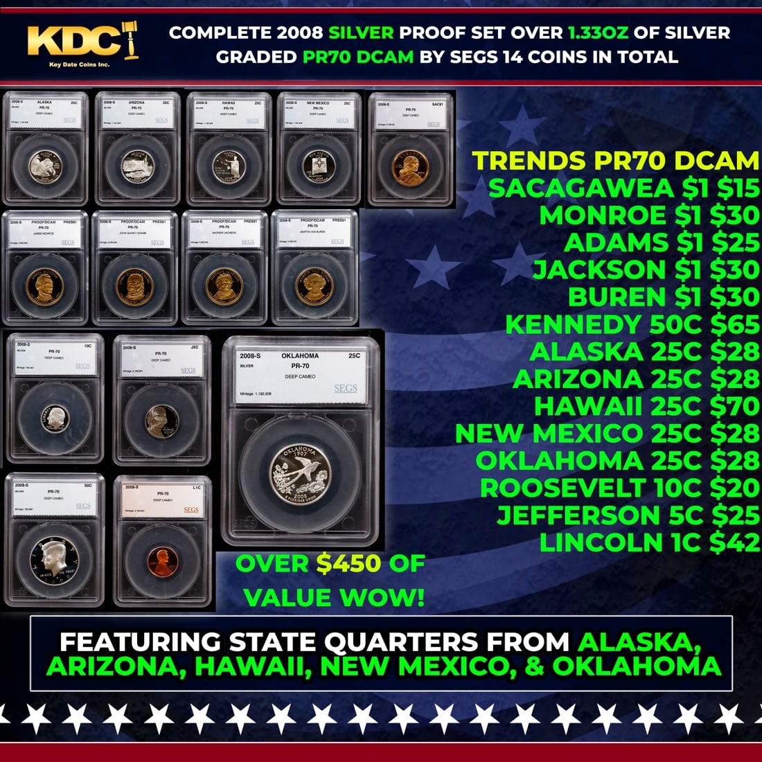 2008 US Silver Proof Set Graded pr70 DCAM By SEGS about 1.5 oz of pure silver 14 Coins: 2008 US Silver Proof Set Graded pr70 DCAM By SEGS about 1.5 oz of pure silver 14 Coins. Historic precious metal trends is causing increased spot pricing by the day. On auctions with set openings, we a