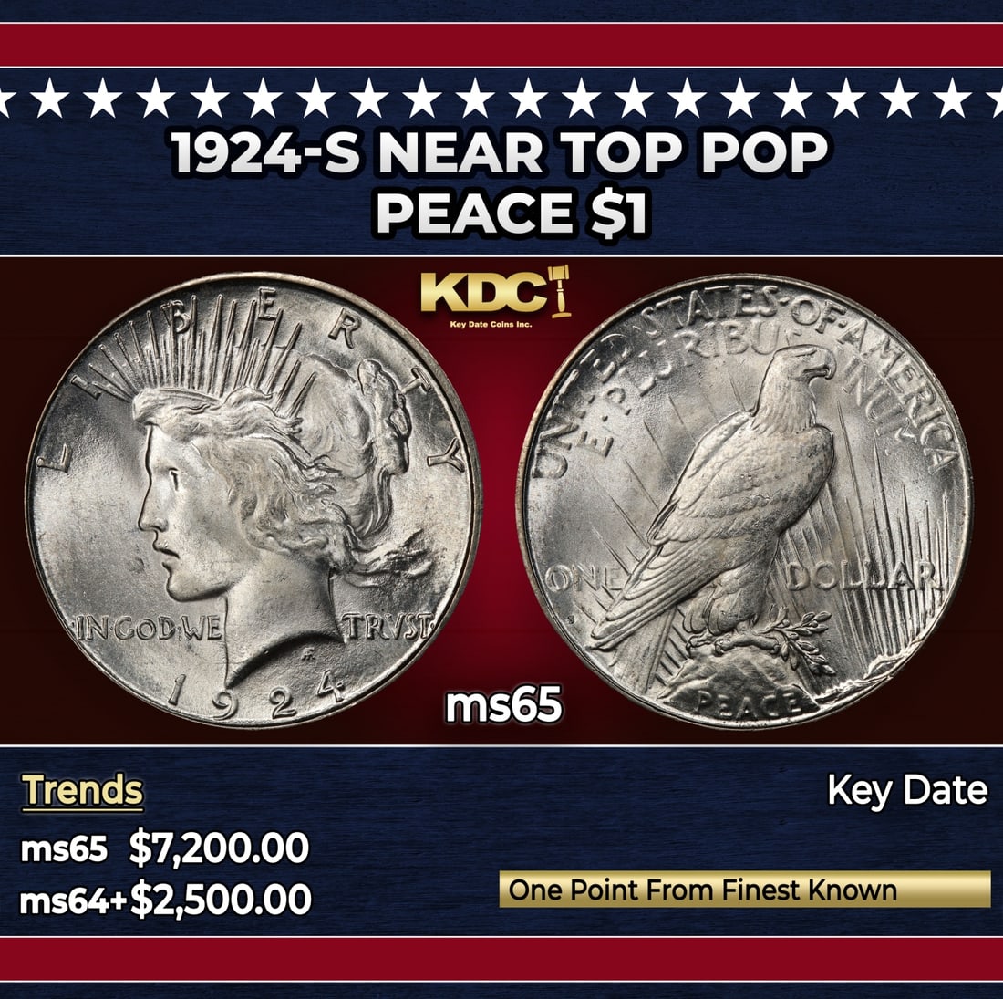 1924-s Peace Dollar Near Top Pop $1 ms65 SEGS: 1924-s Near Top Pop Peace Dollar $1 ms65 SEGS. Historic precious metal trends is causing increased spot pricing by the day. On auctions with set openings, we are doing our best to have items priced at