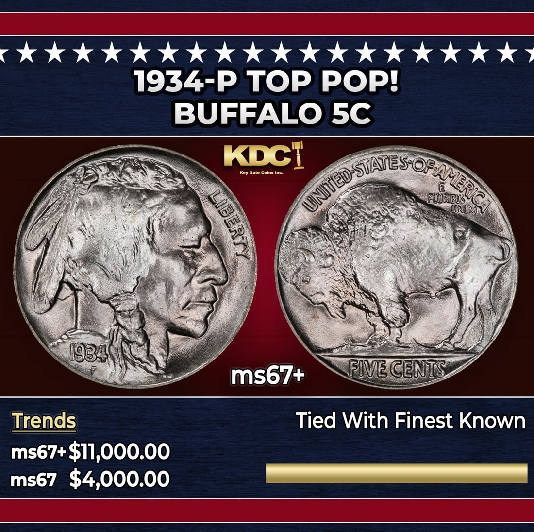 1934-p Buffalo Nickel TOP POP! 5c ms67+ SEGS: 1934-p TOP POP! Buffalo Nickel 5c ms67+ SEGS. Historic precious metal trends is causing increased spot pricing by the day. On auctions with set openings, we are doing our best to have items priced at
