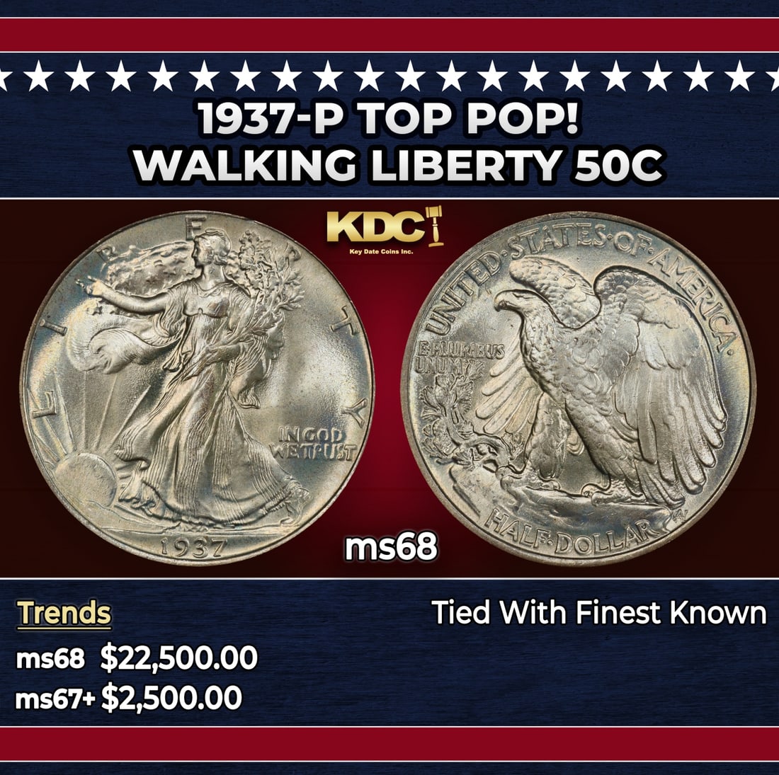 1937-p Walking Liberty Half Dollar TOP POP! 50c ms68 SEGS: 1937-p TOP POP! Walking Liberty Half Dollar 50c ms68 SEGS. Historic precious metal trends is causing increased spot pricing by the day. On auctions with set openings, we are doing our best to have ite