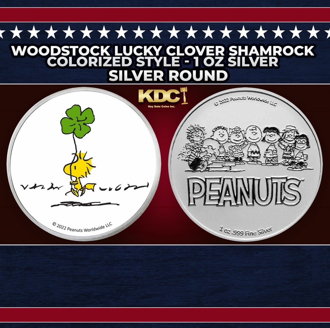 Woodstock Lucky Clover Shamrock Colorized Style - 1 oz Silver Round Round: Woodstock Lucky Clover Shamrock Colorized Style - 1 oz Silver Round. Now you can collect all of the classic Peanuts characters on these officially licensed silver rounds! Contains 1oz of .999 Fine Sil