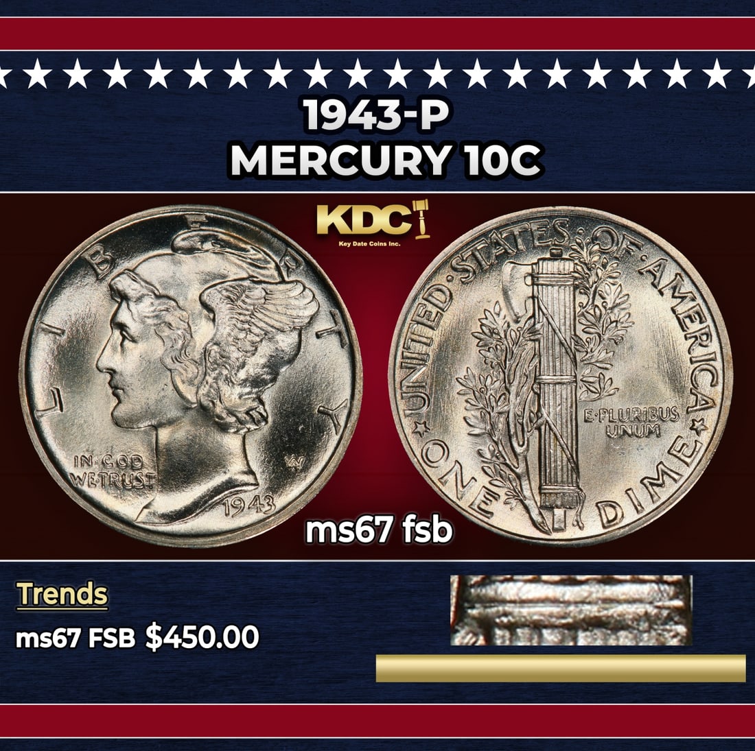 1943-p Mercury Dime 10c ms67 fsb SEGS (1 of 4)