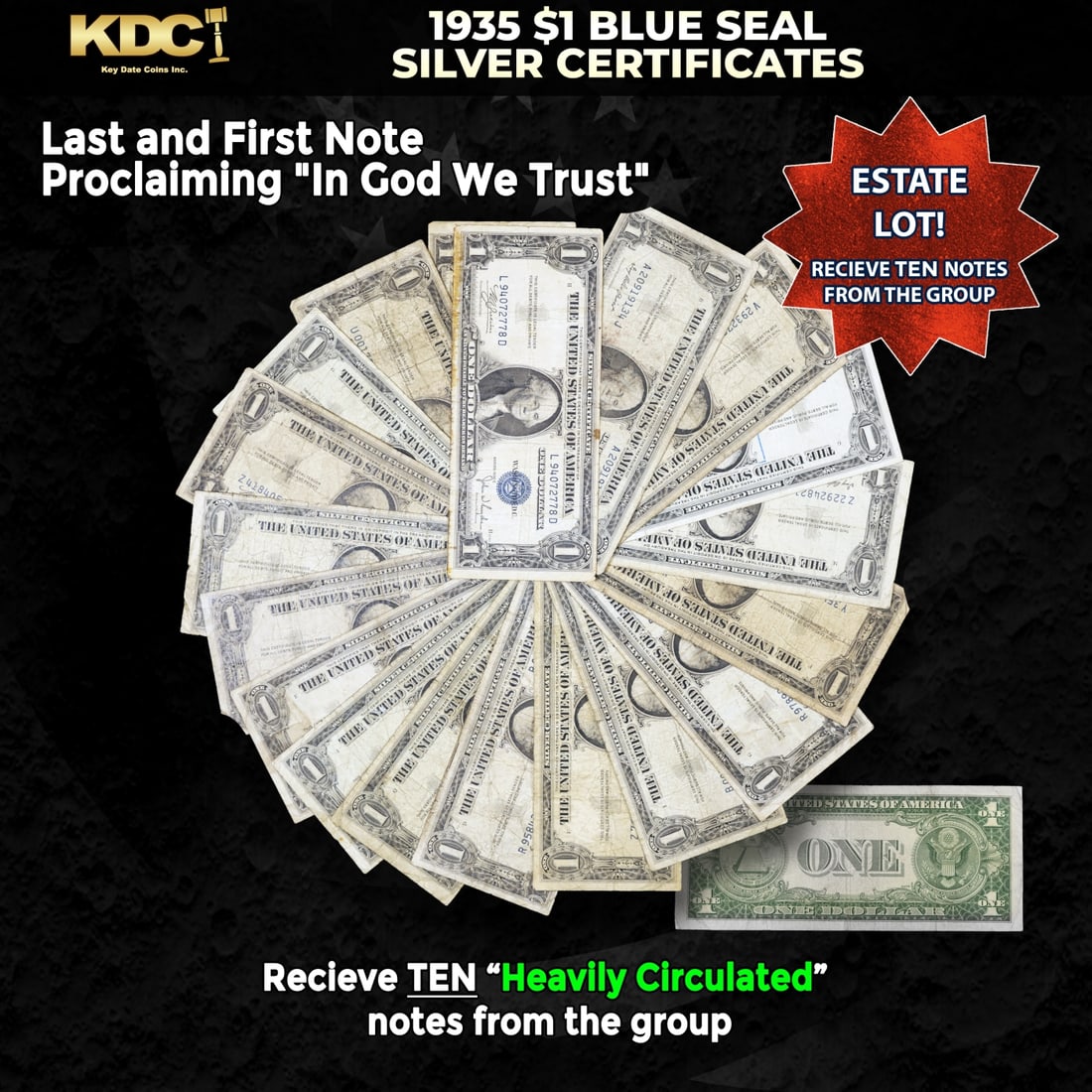 10x 1935 $1 Blue Seal Silver Certificates Heavily Circulated: 10x 1935 $1 Blue Seal Silver Certificates Heavily Circulated. Silver Certificates were redeemable in Silver. One of their most distinctive qualities is the blue Treasury seal and serial numbers. These