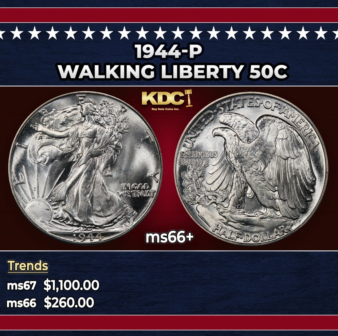 1944-p Walking Liberty Half Dollar 50c ms66+ SEGS: 1944-p Walking Liberty Half Dollar 50c ms66+ SEGS. Historic precious metal trends is causing increased spot pricing by the day. On auctions with set openings, we are doing our best to have items price