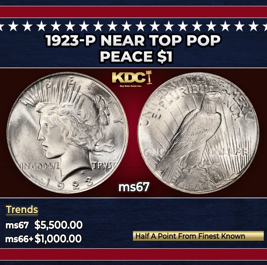 1923-p Peace Dollar Near Top Pop $1 ms67 SEGS: 1923-p Near Top Pop Peace Dollar $1 ms67 SEGS. Historic precious metal trends is causing increased spot pricing by the day. On auctions with set openings, we are doing our best to have items priced at