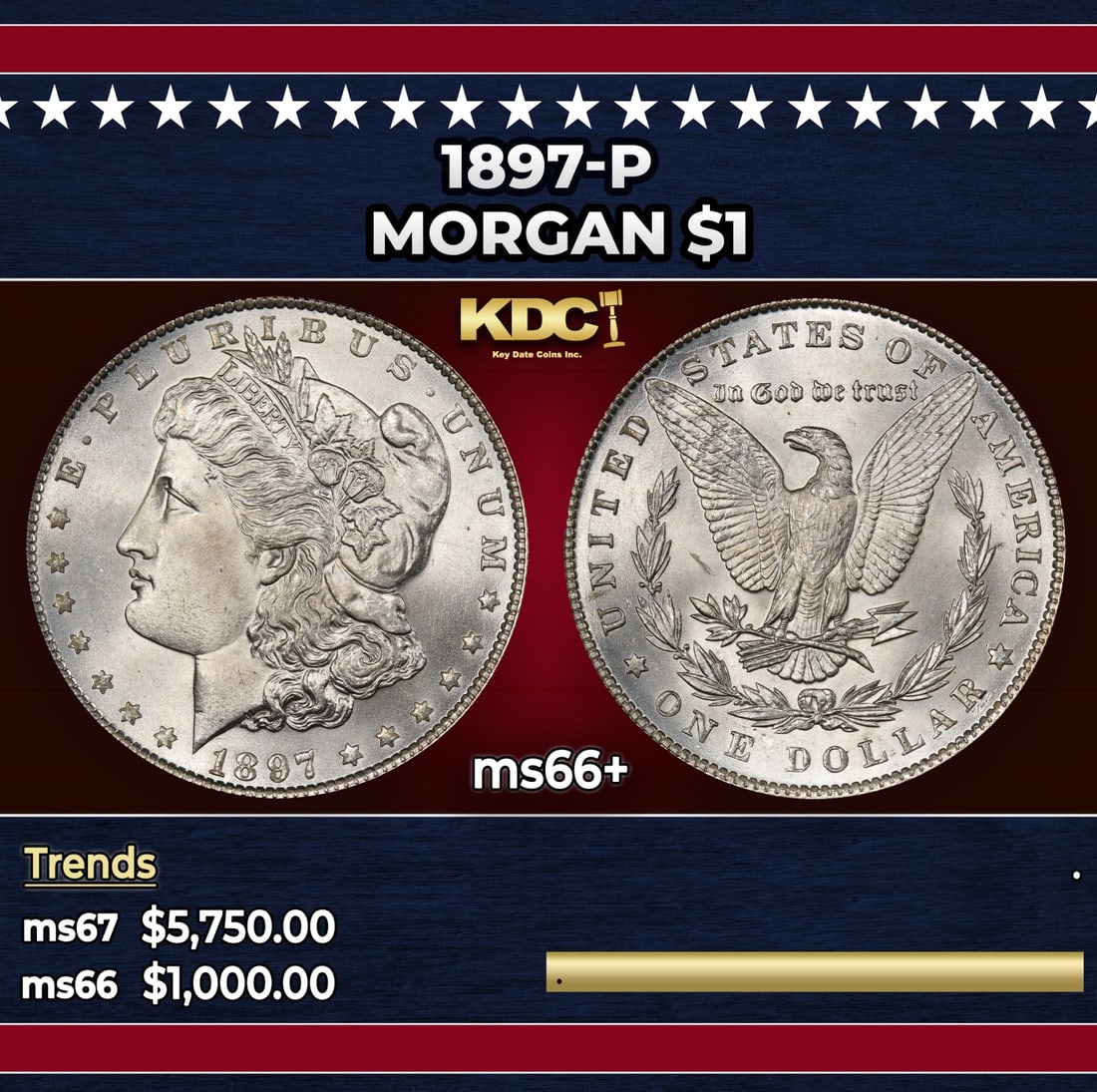 1897-p Morgan Dollar $1 ms66+ SEGS: 1897-p Morgan Dollar $1 ms66+ SEGS. Historic precious metal trends is causing increased spot pricing by the day. On auctions with set openings, we are doing our best to have items priced at their mark