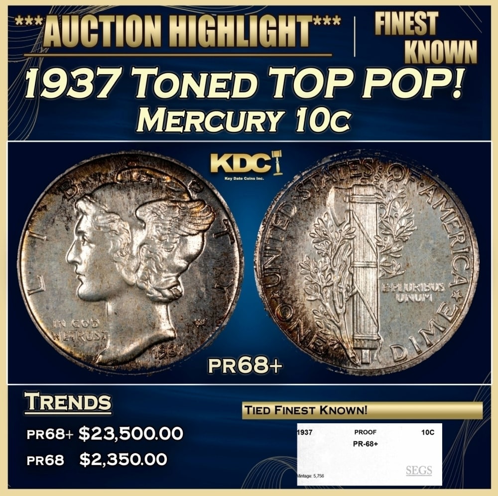 1937 Proof Mercury Dime Toned TOP POP! 10c pr68+ SEGS: 1937 Toned TOP POP! Mercury Dime 10c pr68+ SEGS. 0