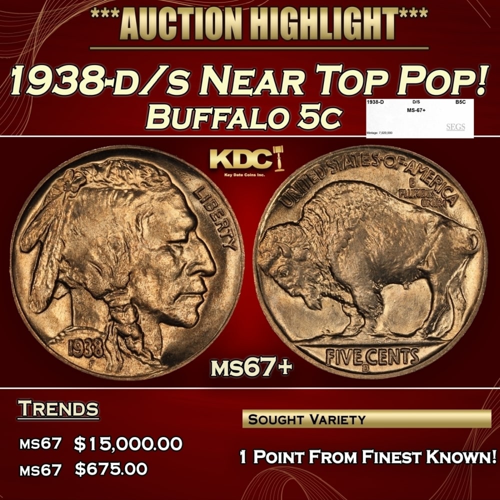1938-d/s Buffalo Nickel Near Top Pop! 5c ms67+ SEGS: 1938-d/s Near Top Pop! Buffalo Nickel 5c ms67+ SEGS. 0