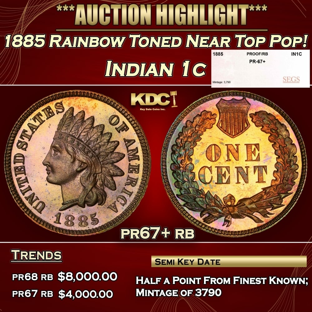 1885 Proof Indian Cent Rainbow Toned Near Top Pop! 1c pr67+ rb SEGS: 1885 Rainbow Toned Near Top Pop! Indian Cent 1c pr67+ rb SEGS. 0