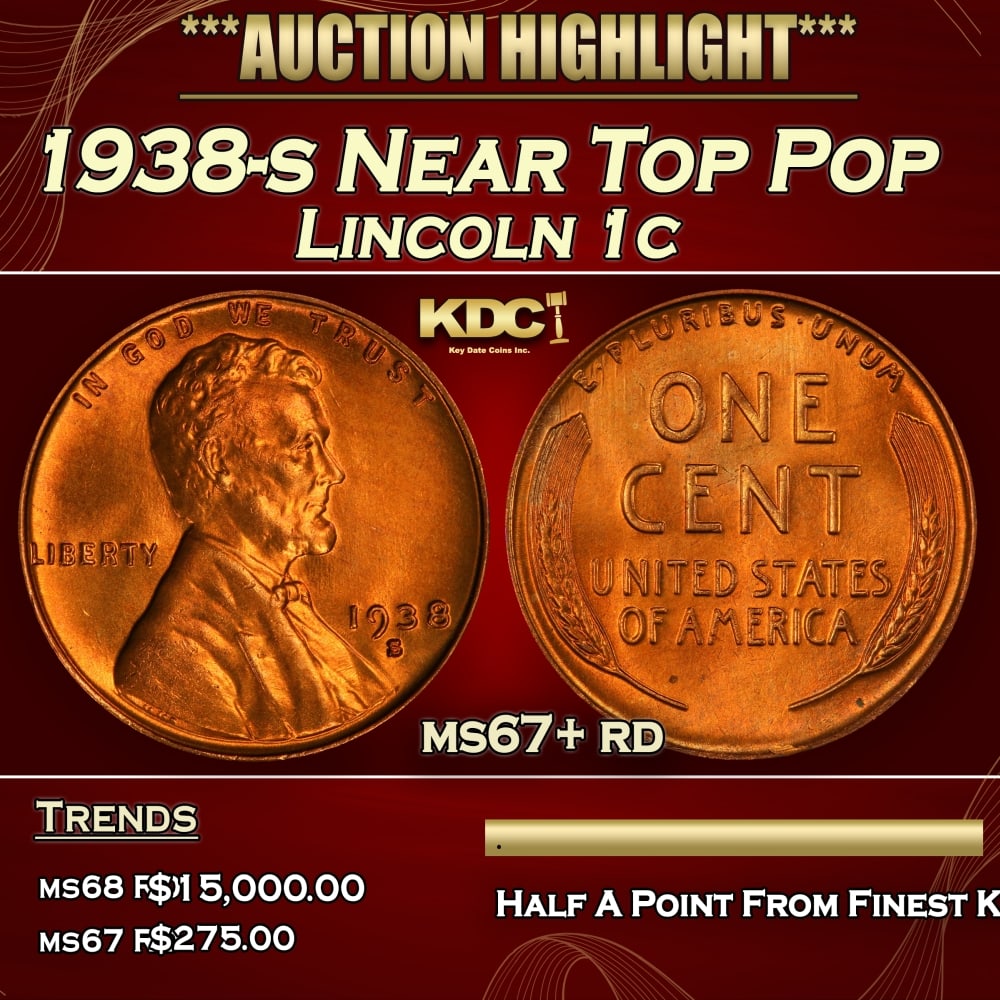 1938-s Lincoln Cent Near Top Pop 1c ms67+ rd SEGS: 1938-s Near Top Pop Lincoln Cent 1c ms67+ rd SEGS. 0