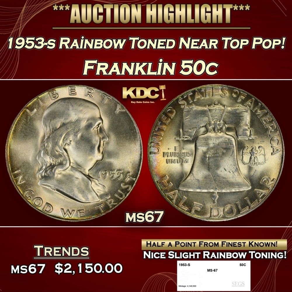 1953-s Franklin Half Dollar Rainbow Toned Near Top Pop! 50c ms67 SEGS: 1953-s Rainbow Toned Near Top Pop! Franklin Half Dollar 50c ms67 SEGS. 0