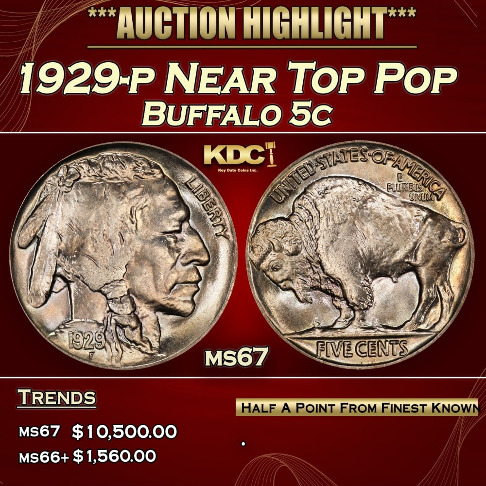 1929-p Buffalo Nickel Near Top Pop 5c ms67 SEGS: 1929-p Near Top Pop Buffalo Nickel 5c ms67 SEGS. 0